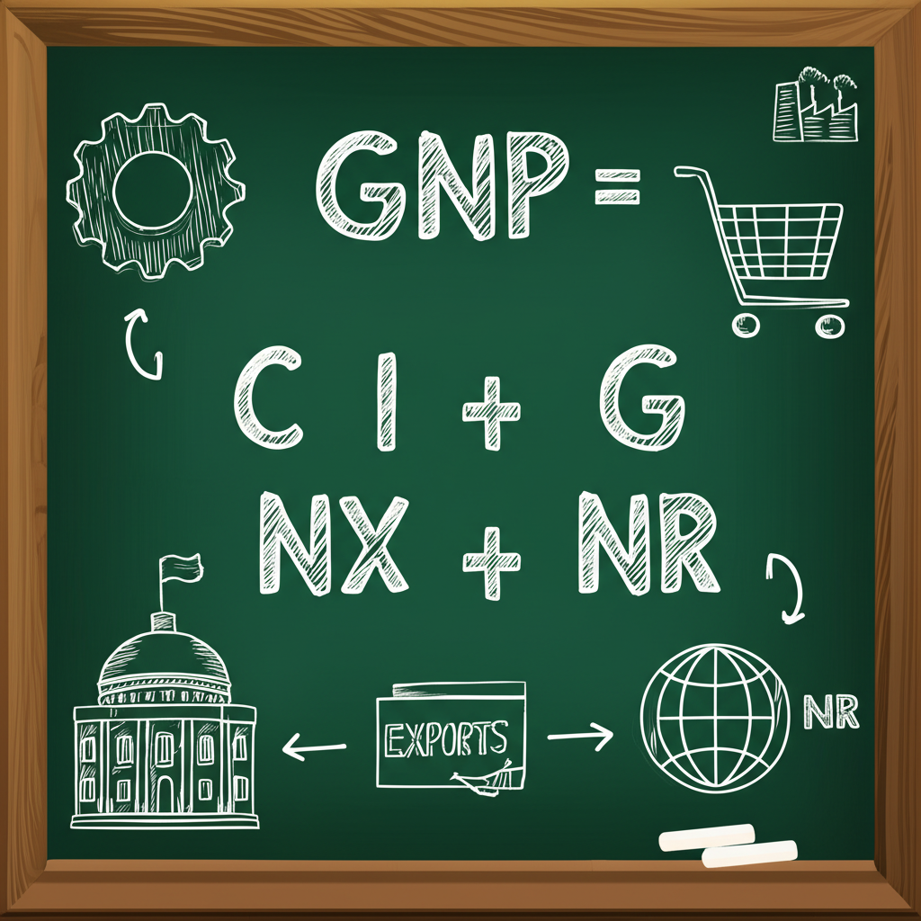 ภาพประกอบกระดานดำเขียนสูตร GNP C I G NX NR ล้อมรอบด้วยสัญลักษณ์การบริโภค การลงทุน การใช้จ่ายรัฐบาล และการค้า