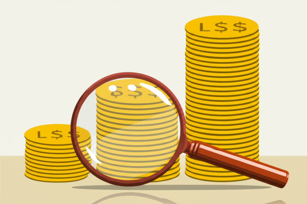 ภาพประกอบกองเหรียญเล็กที่ขยายใหญ่ด้วยแว่นขยายข้างกองเหรียญใหญ่แทนเลเวอเรจ