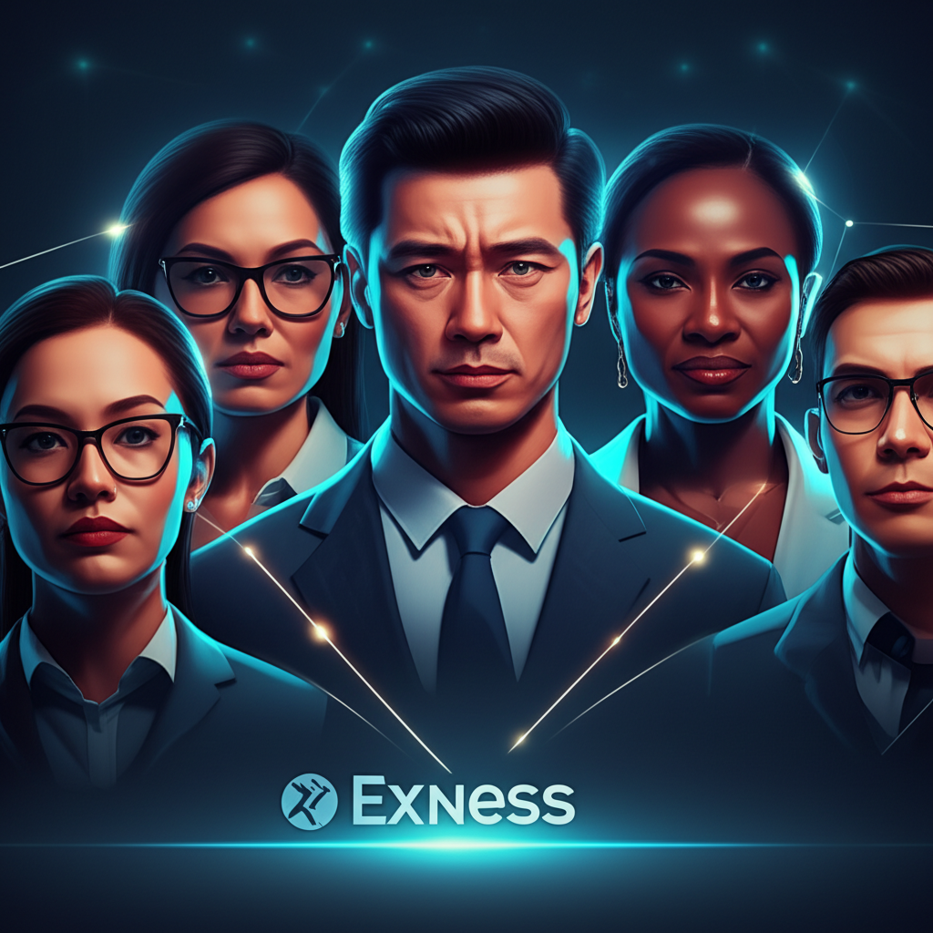 An illustration of a diverse group of traders globally connecting to a digital trading platform with Exness logo