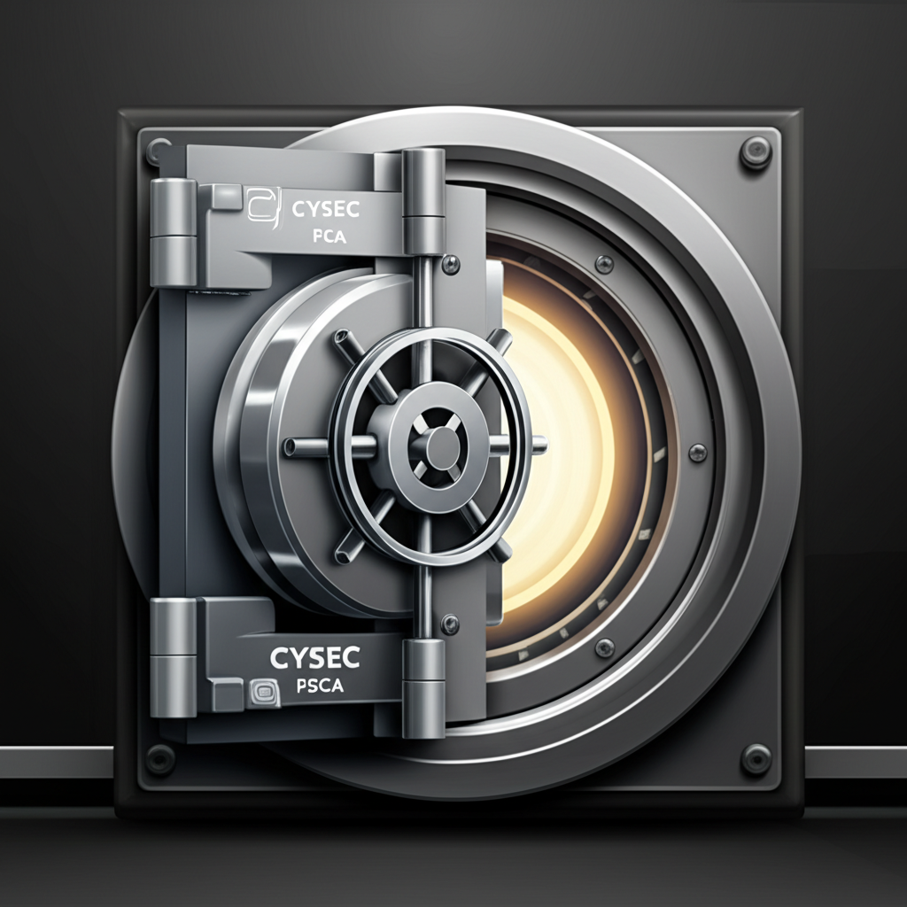 An illustration of a secure digital vault with multiple international regulatory logos like CySEC FCA FSCA