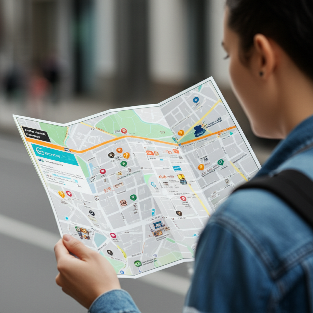ภาพประกอบบุคคลกำลังดูแผนที่ที่มีป้าย Connext สำหรับการเงิน การศึกษา สื่อ และร้านค้าท้องถิ่น