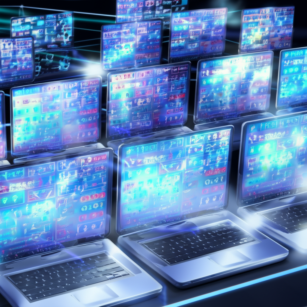 illustration digital network of computers trading currency pairs with bid and ask prices displayed on screens showing spread