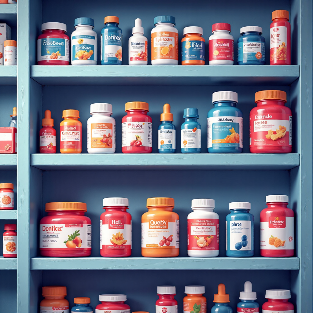 ภาพประกอบสไตล์สติลไลฟ์ที่แสดงยา OTC วิตามินและยาแก้ปวดเรียงรายบนชั้นในร้านขายยา ด้วยแสงนุ่มนวลที่สร้างบรรยากาศสงบและเข้าถึงได้ง่าย