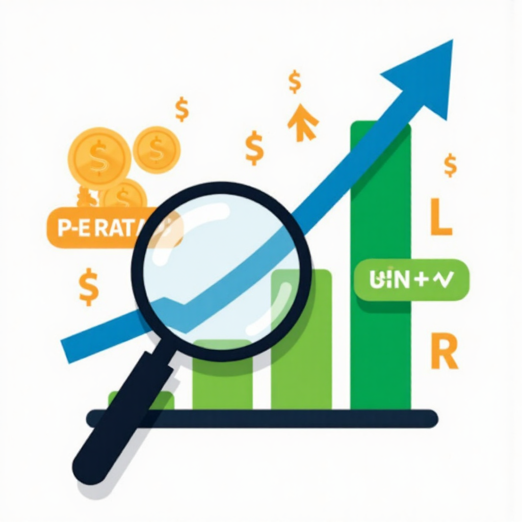 stylized infographic showing a magnifying glass hovering over a simple bar chart labeled p e ratio with coins and growth arrows around green and blue color palette
