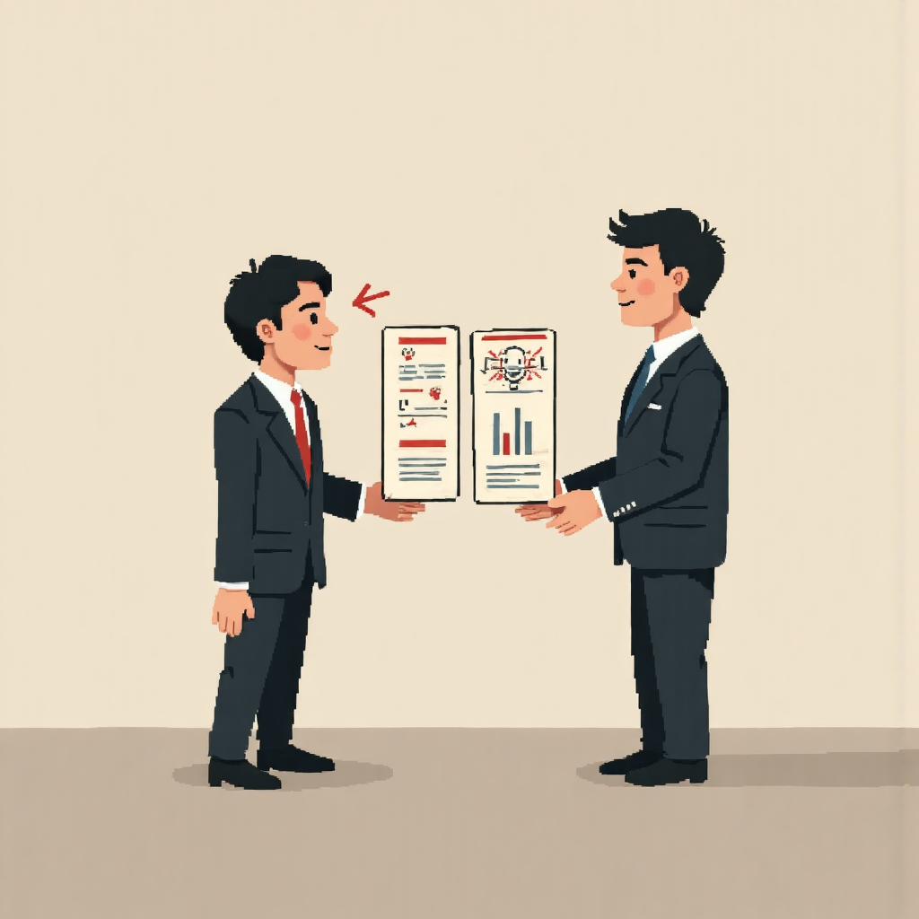 An abstract artwork depicting two contrasting data entities interacting with subtle arrows showing a negative correlation against a muted backdrop