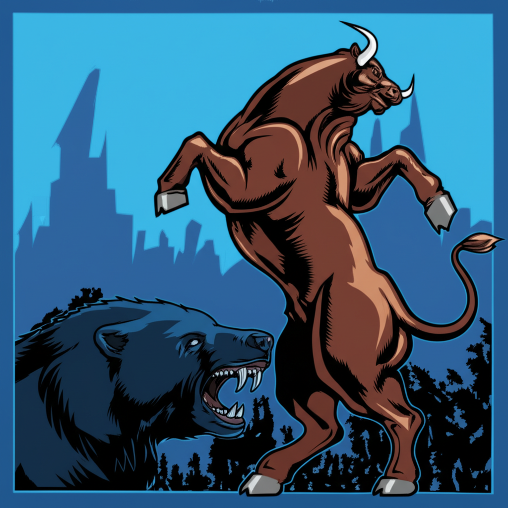 Illustration of a powerful bull charging upwards symbolizing a bullish market against a contrasting bear
