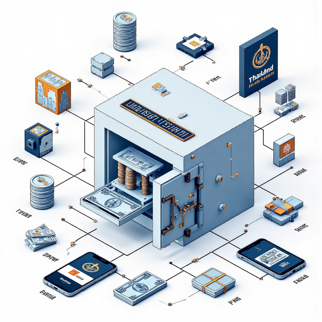 ภาพประกอบแนวคิดที่แสดงตู้นิรภัยที่ปกป้องเงินลงทุน สัญลักษณ์ด้วยเหรียญบาทไทยและสกุลเงินนานาชาติ พร้อมเส้นดิจิทัลเชื่อมโยงกับโลโก้โบรกเกอร์ที่น่าเชื่อถือและอินเทอร์เฟซบริการลูกค้าที่สนับสนุน ทุกอย่างในสไตล์สะอาดและให้ความมั่นใจ