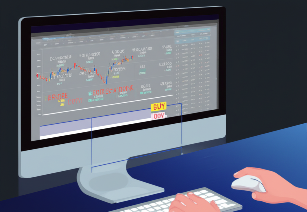 An illustration of a trader setting a price range for buying assets to avoid slippage on a digital screen