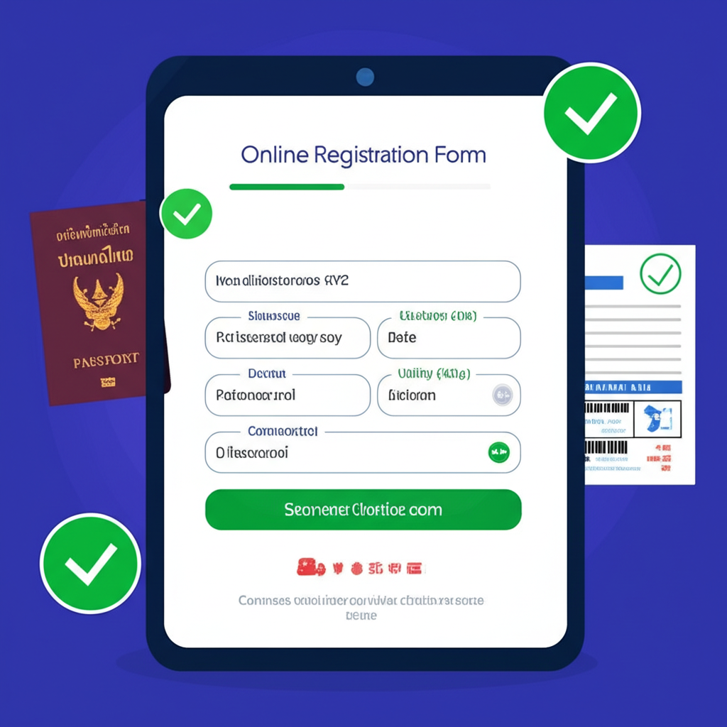 ภาพประกอบฟอร์มลงทะเบียนออนไลน์ที่ใช้งานง่ายพร้อมพาสปอร์ตไทยและใบเสร็จค่าสาธารณูปโภคสำหรับ KYC ล้อมรอบด้วยเครื่องหมายถูก