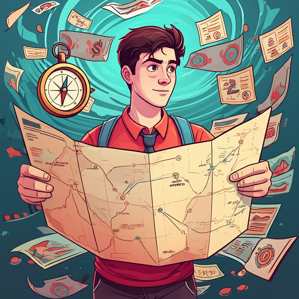 illustration a beginner confidently navigating the complex world of forex trading with a clear map and compass