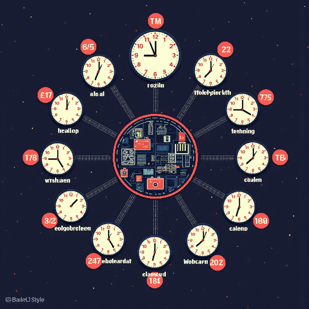 Illustration of world clocks showing different time zones converging on a central trading hub with stylized currency symbols and charts