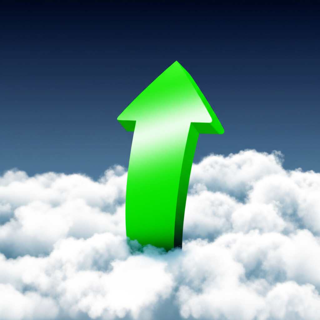 Illustration of a green upward arrow piercing through clouds representing rising asset prices and demand