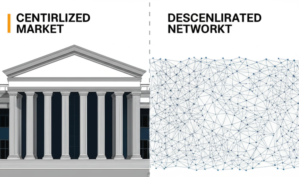 ภาพเปรียบเทียบตลาดสองประเภท ตลาดรวมศูนย์ที่มีอาคารชัดเจนกับตลาดกระจายศูนย์ที่มีการเชื่อมต่อกระจัดกระจาย