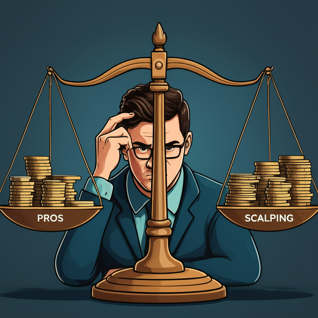ภาพประกอบตราชั่งที่แสดงข้อดีและข้อเสียของการสแกลปปิ้งพร้อมเทรดเดอร์ที่เครียดแต่มีสมาธิ
