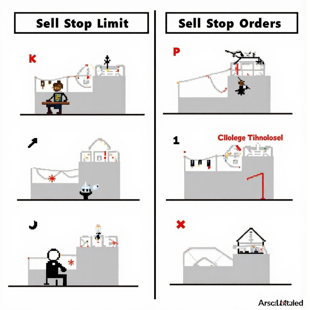 A split illustration showing the comparison between sell stop limit sell limit and sell stop orders with distinct visual cues for each scenario illustrating the different market conditions and outcomes