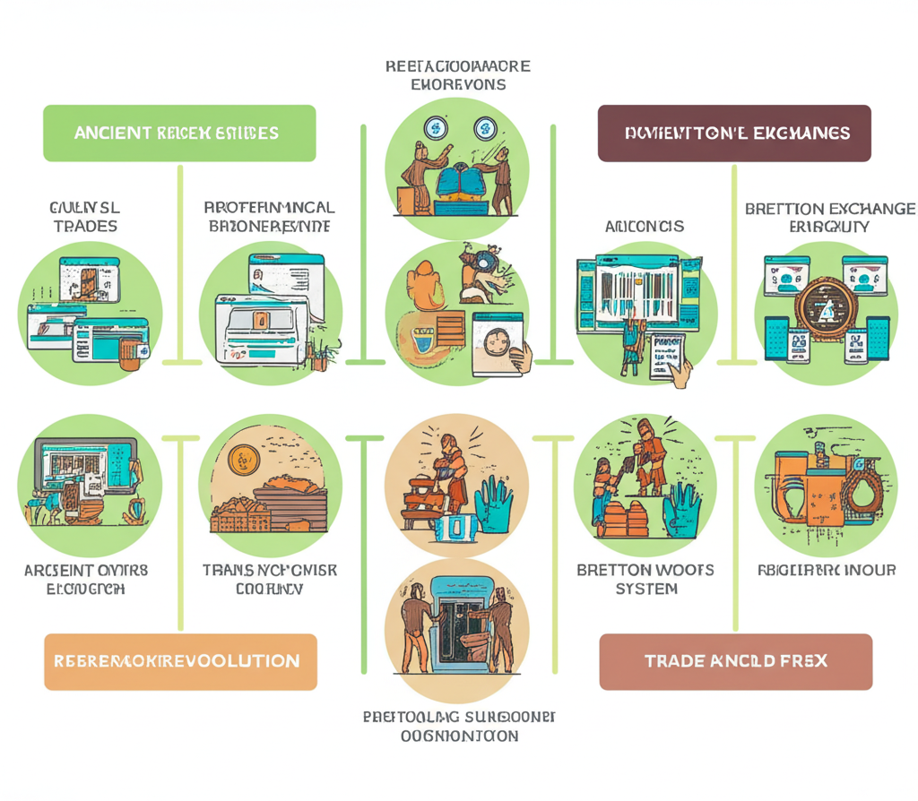 ภาพประกอบวิวัฒนาการทางประวัติศาสตร์ของฟอเร็กซ์จากค้าขายโบราณสู่แพลตฟอร์มการเทรดดิจิทัลสมัยใหม่