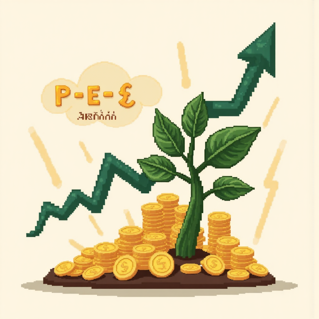 whimsical illustration of a thai stock market graph transforming into a growing plant with golden coins as leaves and a subtle p e ratio calculation formula floating gently in the background