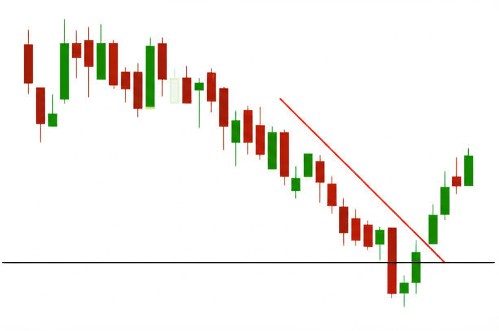 แผนภูมิการเงินที่มีจุดต่ำสุดสามจุดที่ระดับแนวรับเดียวกัน เส้นแนวต้าน และแท่งปริมาณการซื้อขายด้านล่าง