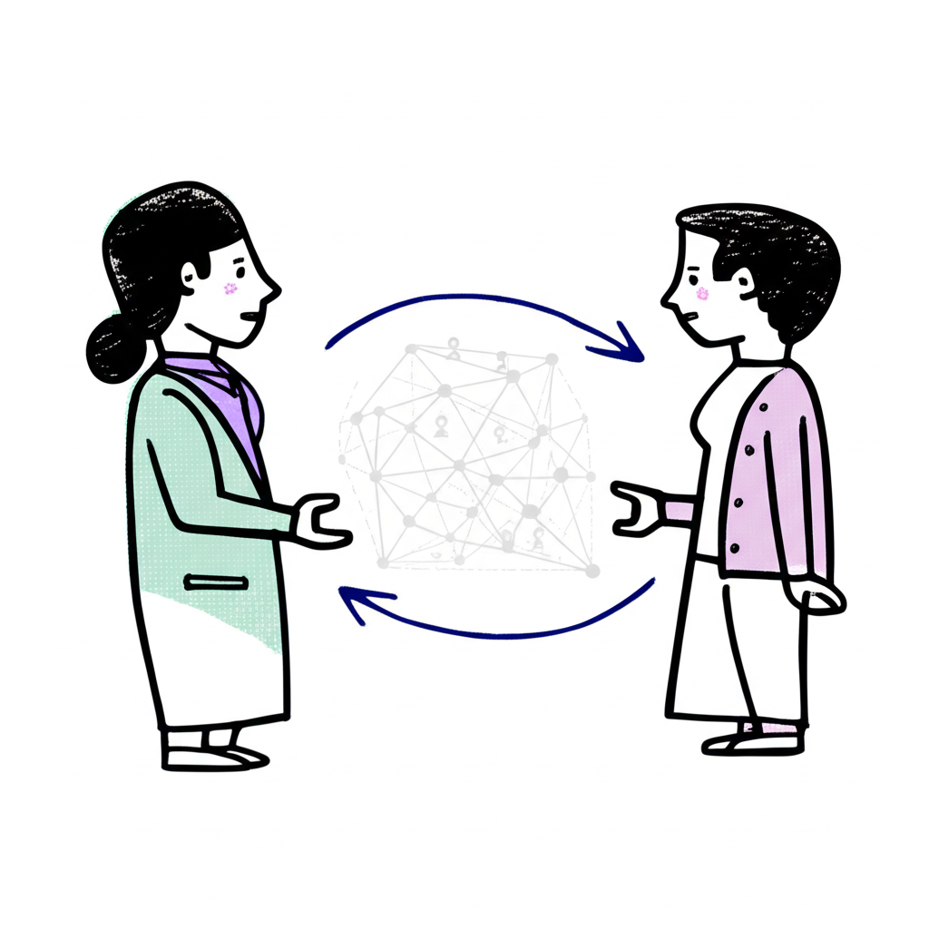 ภาพประกอบการแลกเปลี่ยนสินทรัพย์ทางการเงินโดยตรงโดยไม่มีศูนย์กลางการแลกเปลี่ยน พร้อมเครือข่ายตัวแทนจำหน่ายในพื้นหลัง