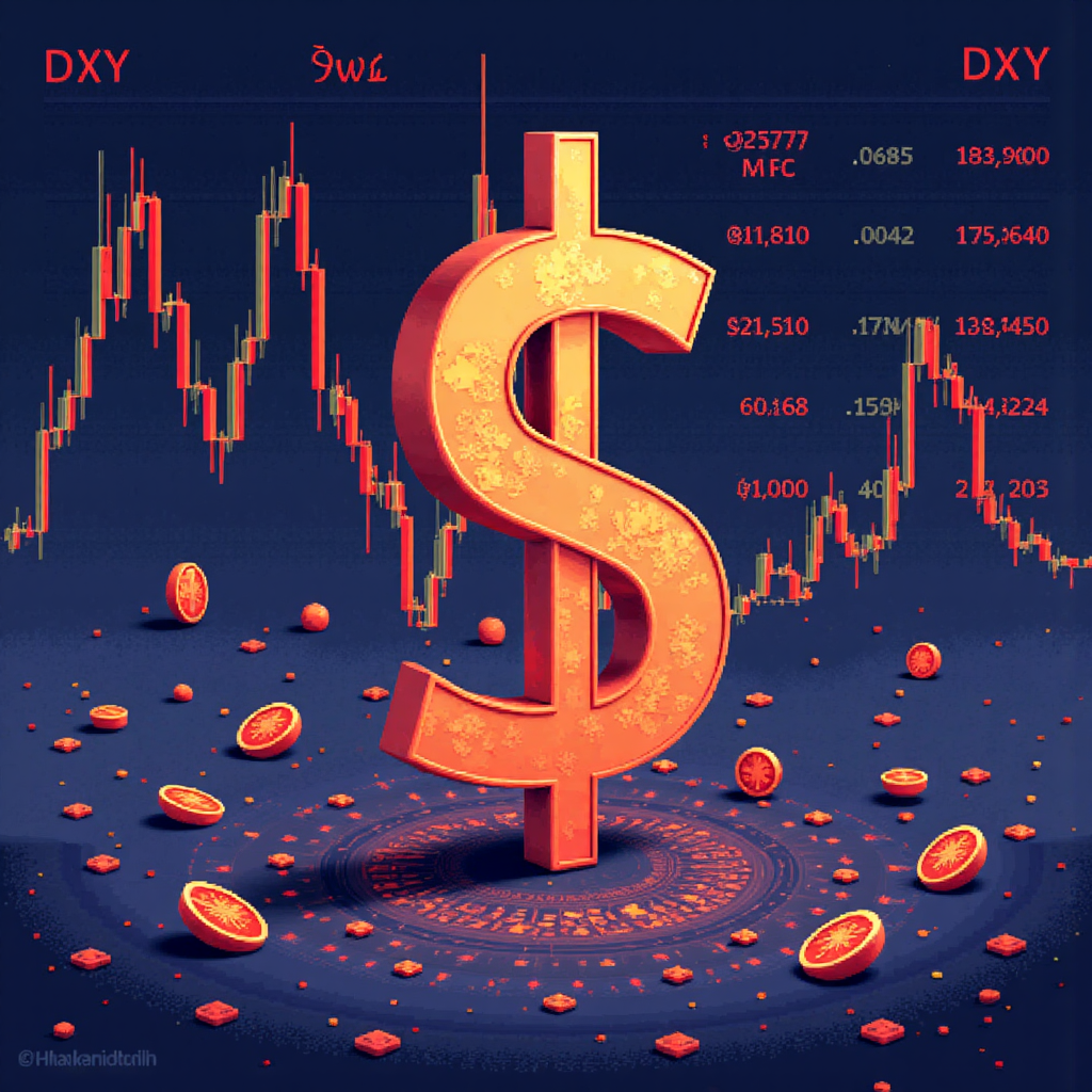 An illustration depicting a Thai baht symbol interacting with a US dollar symbol amidst a backdrop of economic indicators and trading charts symbolizing the impact of DXY on the Thai economy and forex market