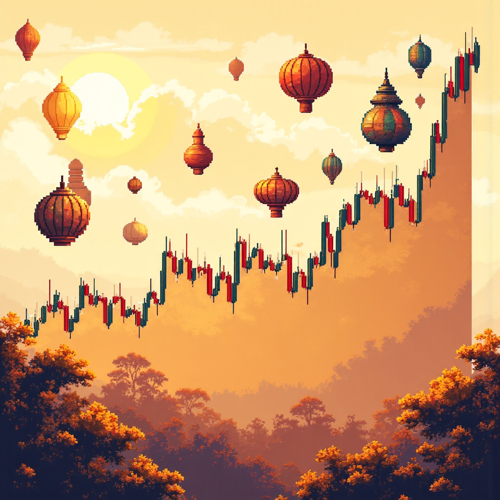 ภาพประกอบที่สดใสของสินทรัพย์ทางการเงินหลากหลาย เช่น คู่สกุลเงิน หุ้น และสินค้าโภคภัณฑ์ ลอยอยู่เหนือกราฟการเทรดแบบสไตล์ พร้อมองค์ประกอบวัฒนธรรมไทยเบาๆ ในพื้นหลัง แสงสว่างอบอุ่นสีทองสร้างความรู้สึกมองโลกในแง่ดี