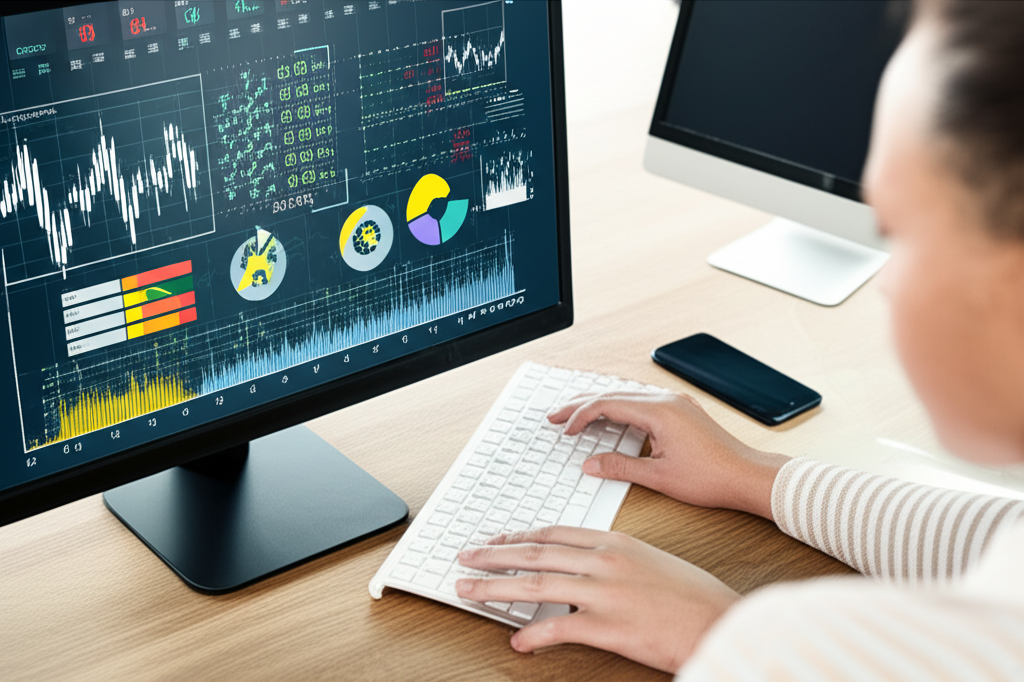 ภาพประกอบบุคคลกำลังซื้อขายบนแพลตฟอร์มการเงินที่ทันสมัยพร้อมกราฟและข้อมูลตลาดโลก