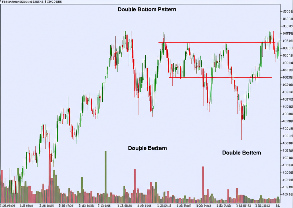 illustration double bottom pattern highlighting two equal price bottoms a neckline peak and varying volume bars