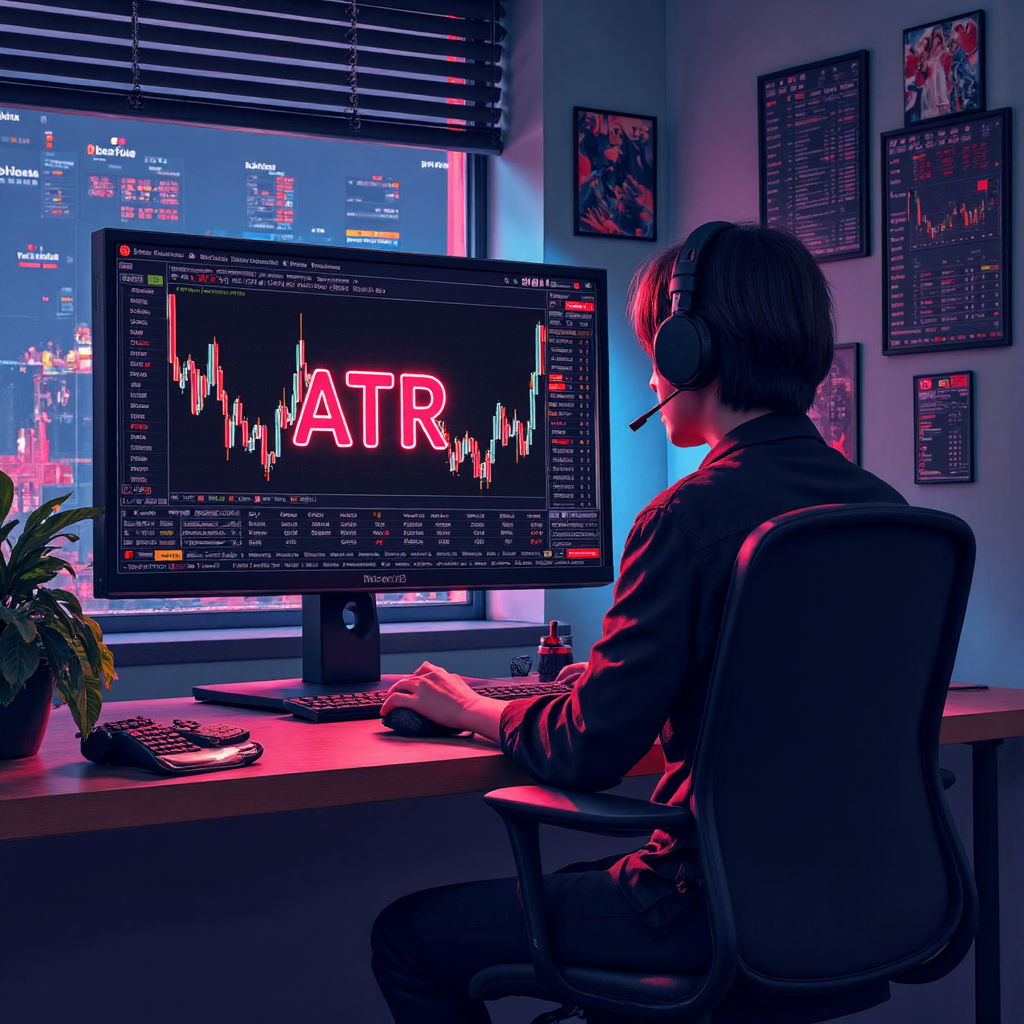 ภาพประกอบโต๊ะเทรดดิ้งพร้อมตัวชี้วัด ATR สว่างบนจอมอนิเตอร์ ล้อมรอบด้วยกราฟตลาดและองค์ประกอบทางการเงินแบบฟิวเจอร์ริสติก