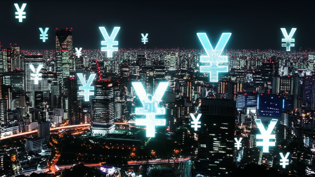 tokyo cityscape with yen currency symbols active trading illustration