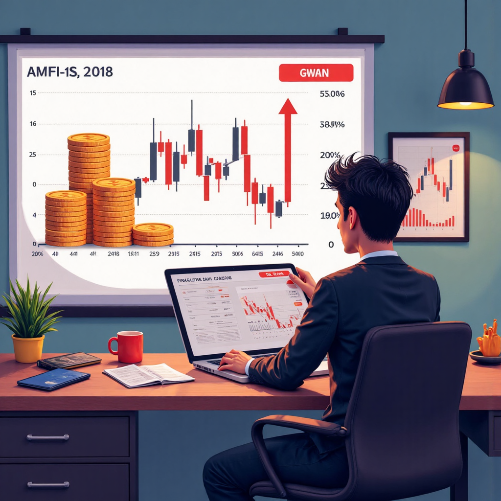 illustration of a wise investor carefully examining a chart showing amplified gains and potential losses on a financial graph with stacked coins and arrows pointing up and down in a modern office setting with soft ambient lighting