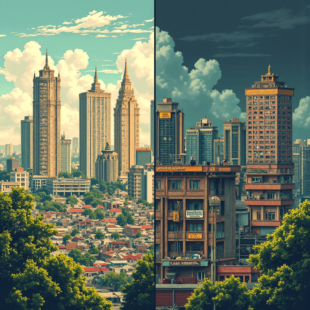 An intricate illustration showing a split scene one side depicting economic growth with upward trending graphs and the other side showing cautious investment in gold and Thai Baht currency exchanges under a slightly stormy sky emphasizing the dual nature of impact