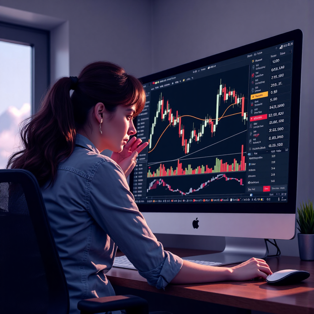 ภาพเทรดเดอร์กำลังปรับระดับ Stop Loss บนอินเทอร์เฟซกราฟดิจิทัล ด้วยคลื่นความผันผวนแบบไดนามิกและเส้นแนวโน้มตลาดละเอียดอ่อน