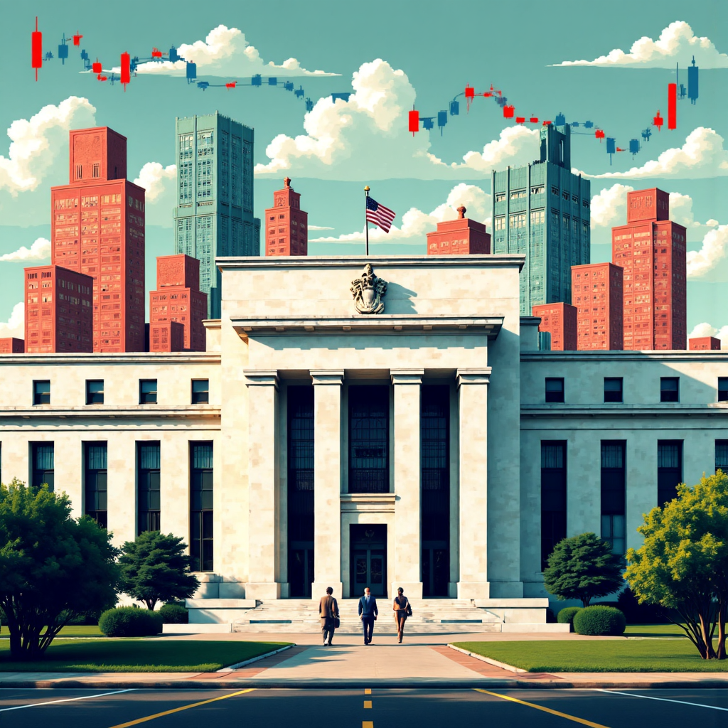 A stylized illustration depicting the US Federal Reserve building with rising interest rate symbols emanating outwards affecting global financial charts and currency symbols in a vibrant yet serious atmosphere