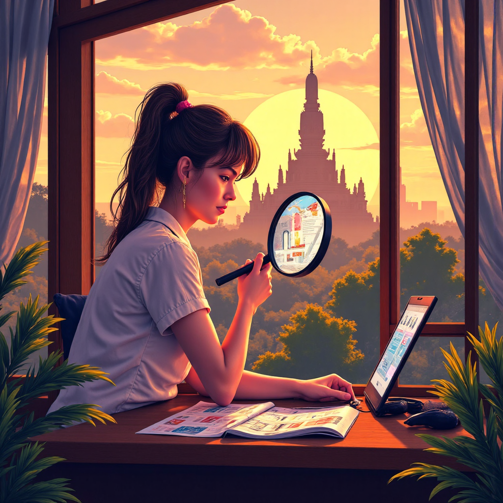 ภาพประกอบที่สดใสของบุคคลที่กำลังตรวจสอบกราฟการเงินอย่างละเอียดด้วยแว่นขยาย ล้อมรอบด้วยสัญลักษณ์สกุลเงินดิจิทัลที่ปลอดภัยและซิลูเอตวัดไทยที่อบอุ่นในพื้นหลังที่อาบด้วยแสงสีทอง สร้างความรู้สึกไว้วางใจและความมั่งคั่ง