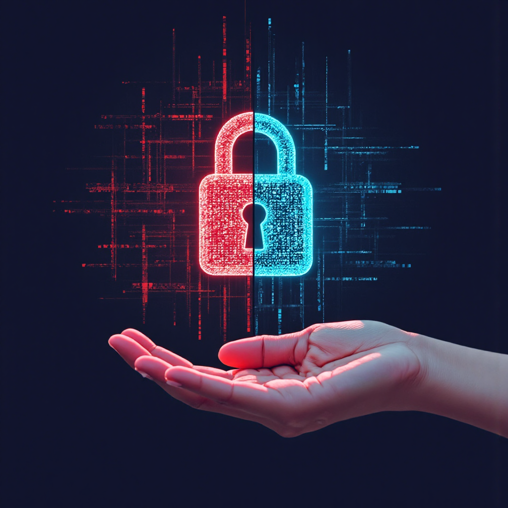 ภาพแยกสองส่วน แสดงกุญแจดิจิทัลที่ปลอดภัยด้านหนึ่ง สื่อถึงความปลอดภัยและกฎระเบียบ อีกด้านมือยื่นไปคว้าชัยชนะในการเทรด สื่อถึงกำไรและการเทรดอย่างรับผิดชอบ แสงสมดุลสร้างความไว้วางใจและโอกาส