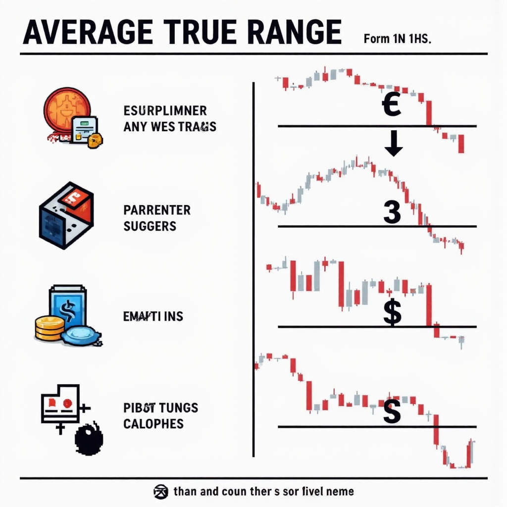 ภาพอินโฟกราฟิกสไตล์ไอคอนแสดงขั้นตอนการคำนวณ Average True Range indicator ด้วยเส้นโค้งนุ่มนวลและองค์ประกอบทางการเงินนามธรรม