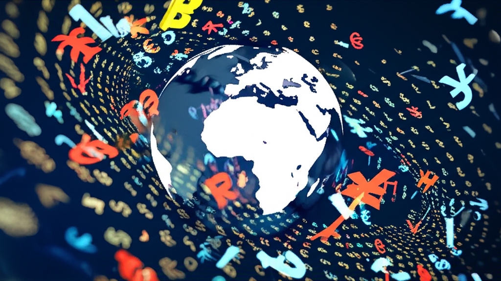 illustration global currency exchange market with various currency symbols swirling around a globe representing 24-hour trading
