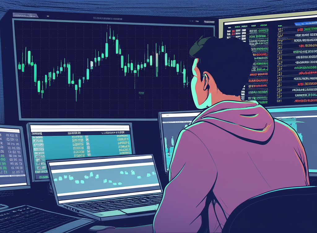 ภาพประกอบเทรดเดอร์กำลังจดจ่อกับกราฟแท่งเทียนแบบ 1 นาทีที่เปลี่ยนแปลงอย่างรวดเร็วพร้อมคำสั่งเทรดขนาดเล็กจำนวนมาก