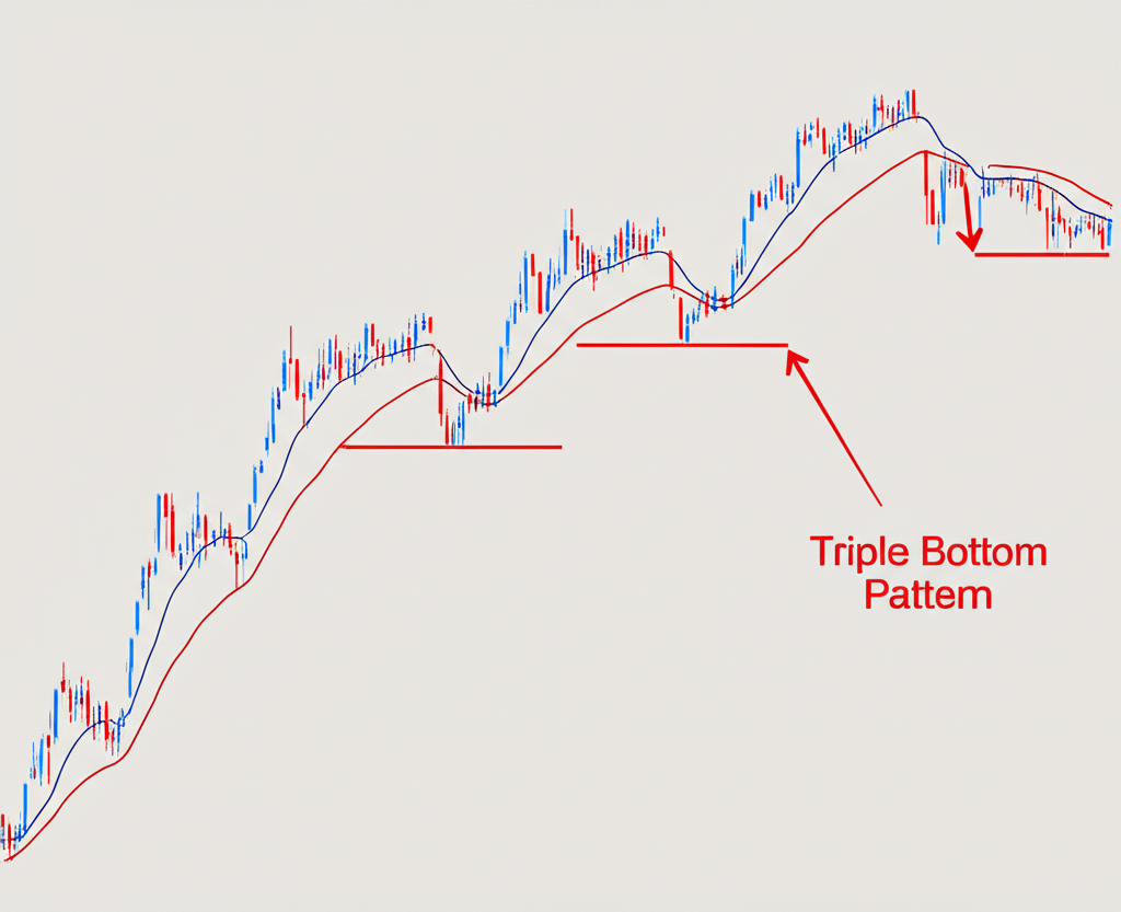 แผนภูมิหุ้นแสดงรูปแบบ Triple Bottom ที่บ่งชี้การกลับตัวจากแนวโน้มขาลงเป็นขาขึ้น
