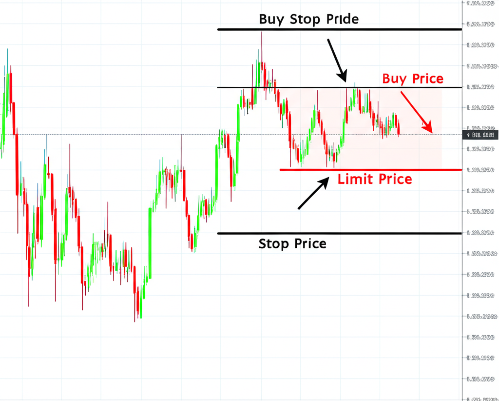 An illustration showing a buy stop limit order combining buy stop and buy limit features on a trading chart
