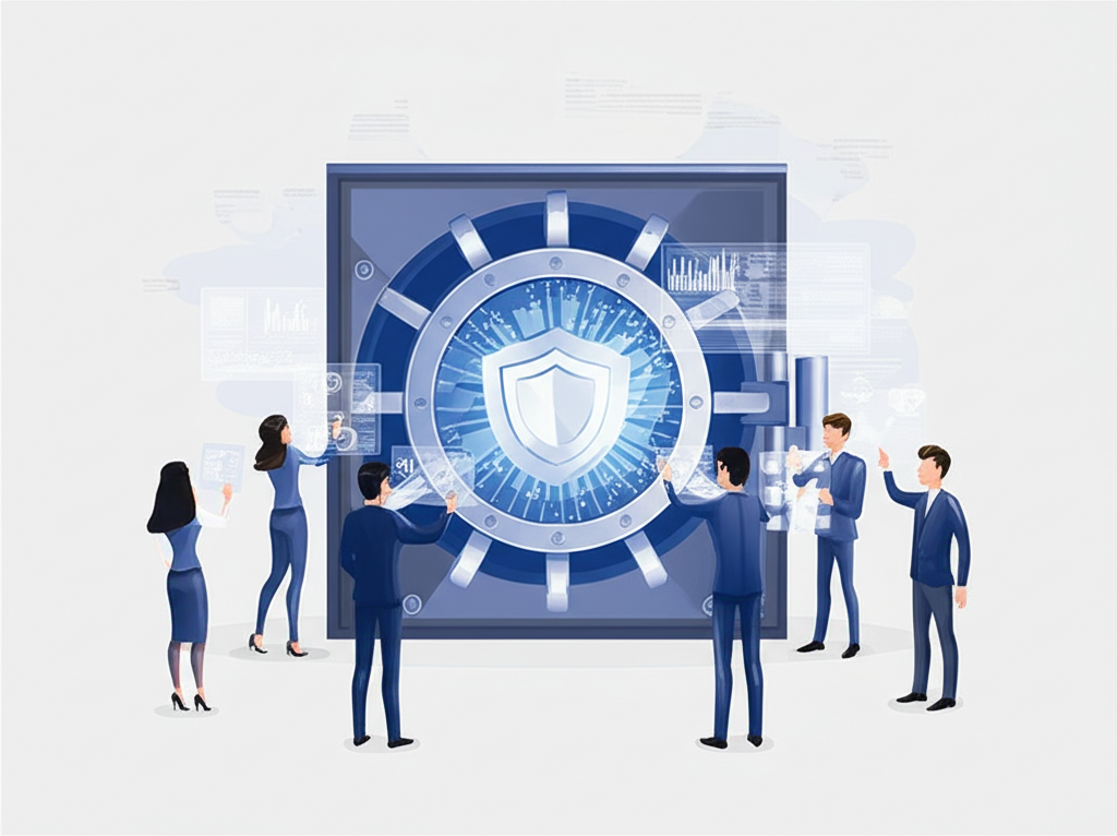 ภาพประกอบห้องนิรภัยดิจิทัลที่ปลอดภัยพร้อมไอคอนโล่และทีมผู้เชี่ยวชาญในการปกป้องข้อมูลทางการเงินและการปฏิบัติตามกฎระเบียบ