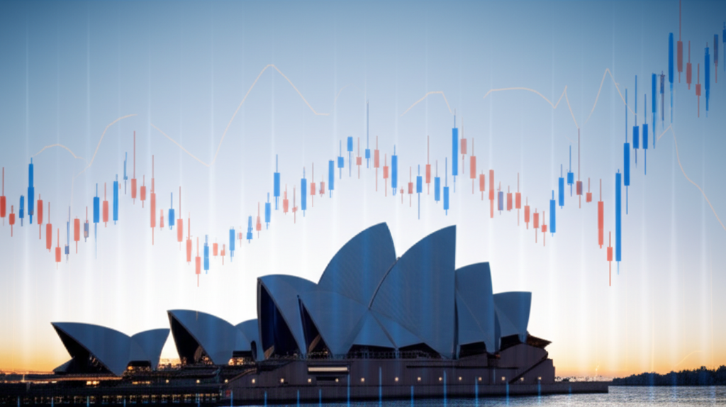 sydney opera house with forex charts early morning low volatility illustration