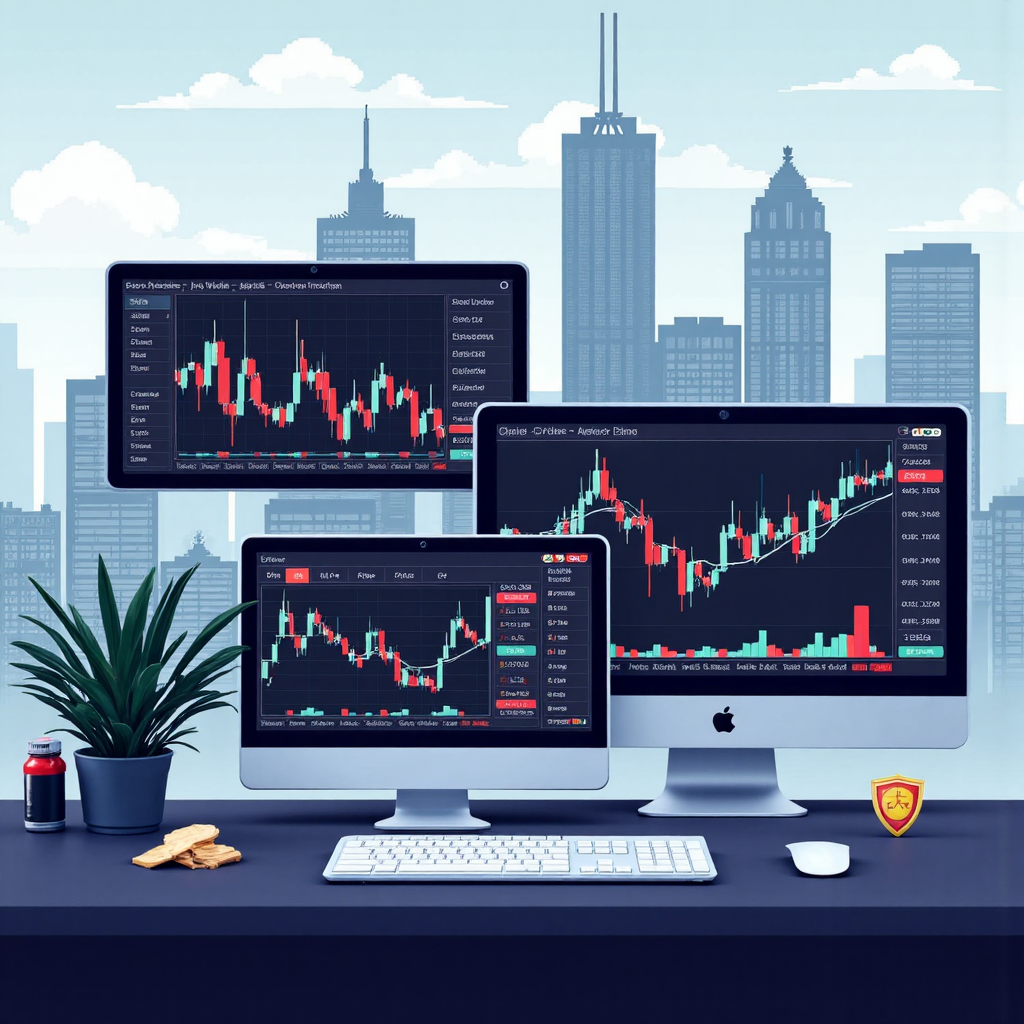 A stylized illustration showcasing various types of forex trading platforms like MetaTrader 4 and 5 presented as different interactive screens against a backdrop of global financial cityscapes with subtle security shields overlayed