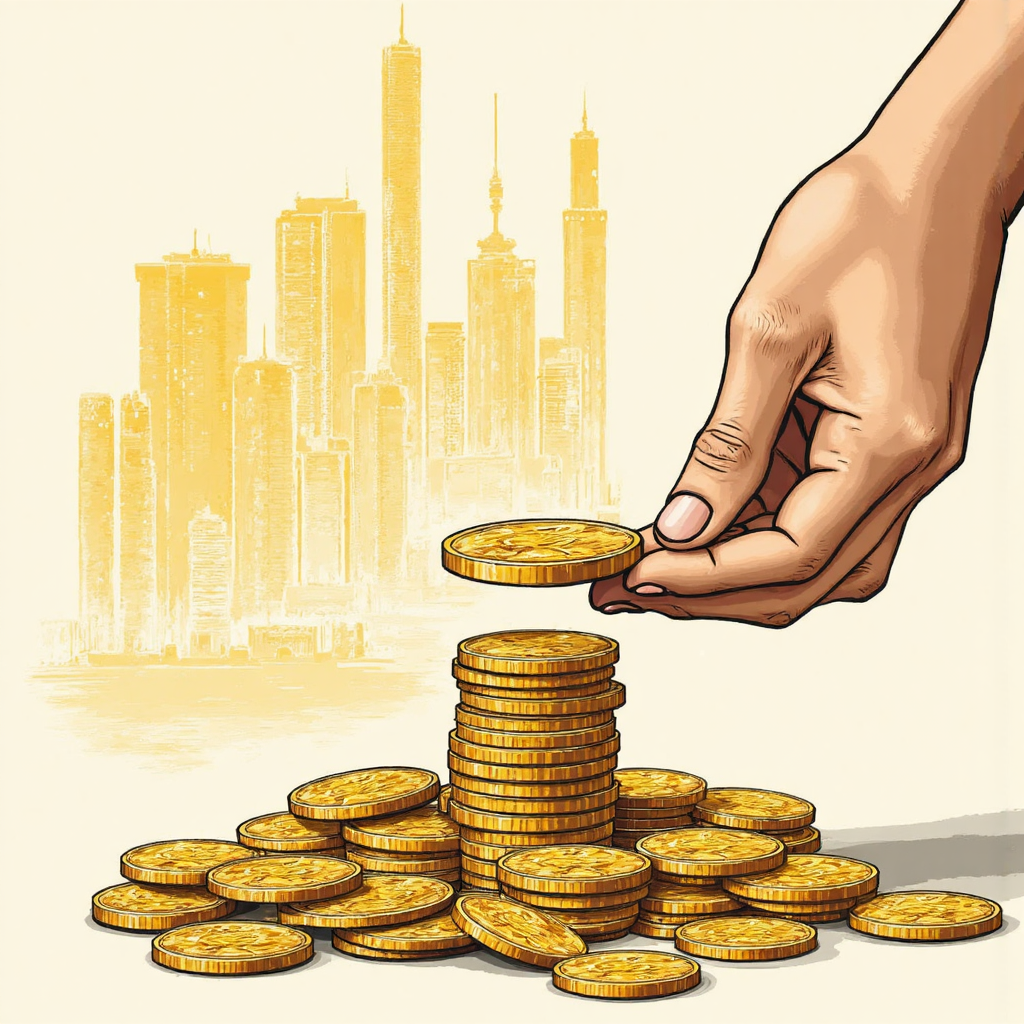 stylized drawing of a hand balancing a small pile of coins against a large abstract representation of gold bars and stock tickers in a serene yet focused art style conveying the concept of financial leverage and risk management