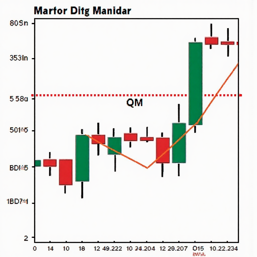 A stylized illustration of a financial chart showing a distinct QM pattern with points A B C D E clearly marked in a vibrant yet professional color palette suitable for trading education
