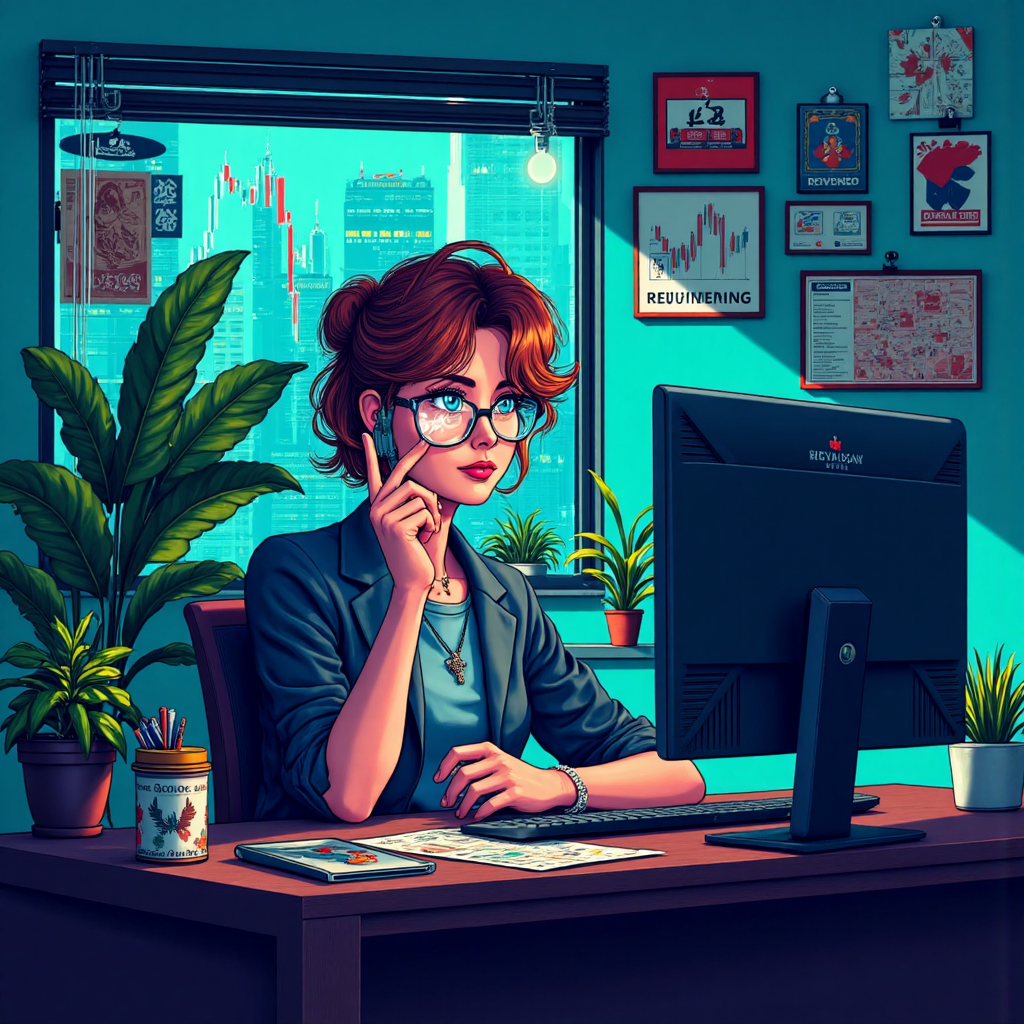 illustrated depiction of a trader in forex with leveraged currency symbols and magnifying glass highlighting potential profit zones and risk warnings in a dynamic trading room atmosphere with vibrant blues and greens