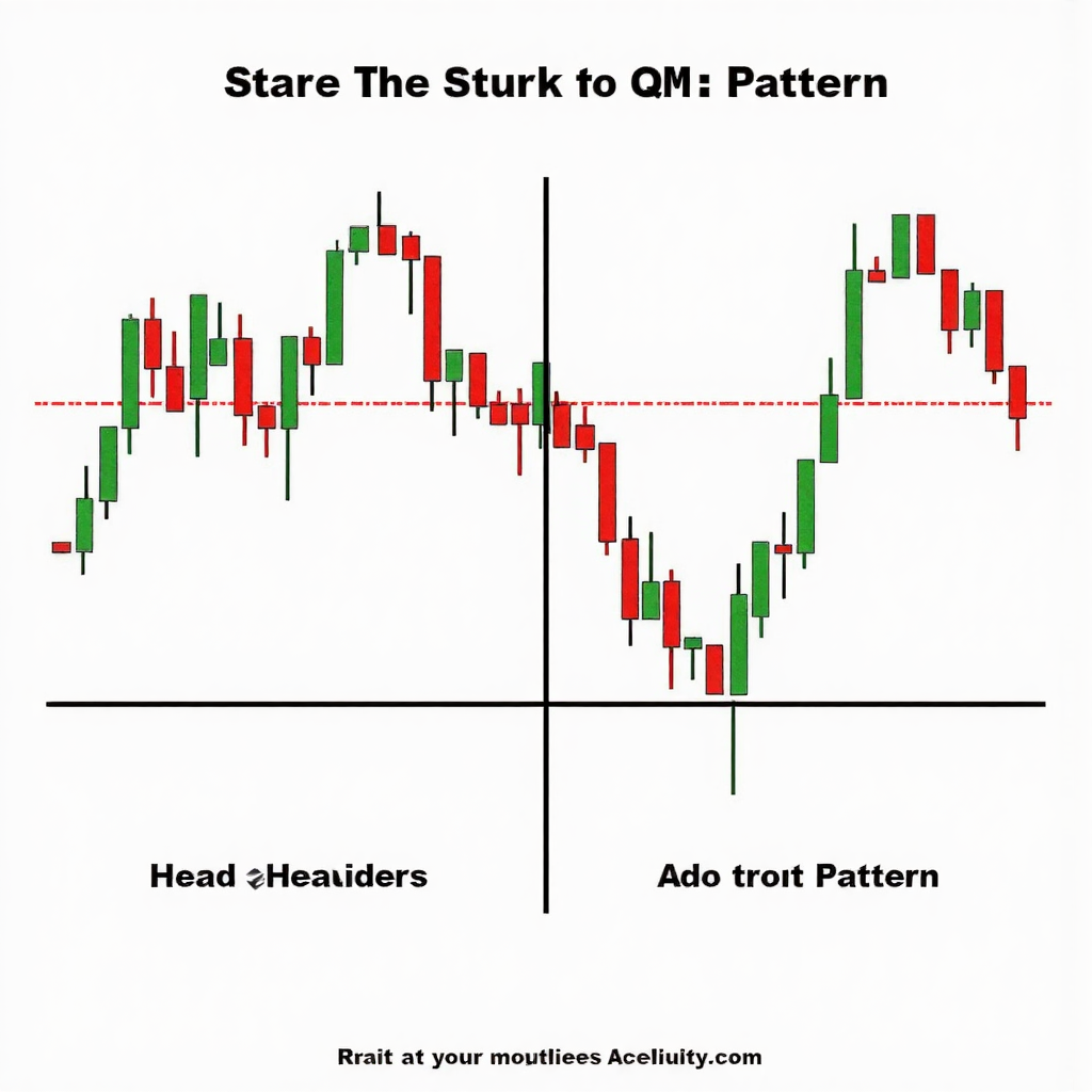 A graphic illustration depicting the contrast between the Head and Shoulders pattern and the QM pattern on trading charts highlighting their structural differences through clean lines and distinct visual metaphors