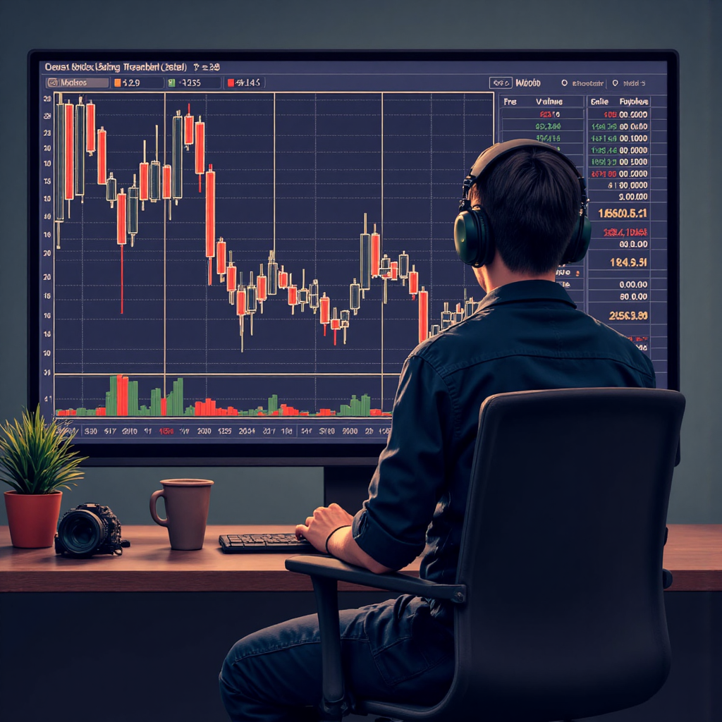 An artistic representation of a trader observing a complex financial graph displaying the Quasimodo pattern with elements of anticipation and strategic planning depicted through subtle visual cues