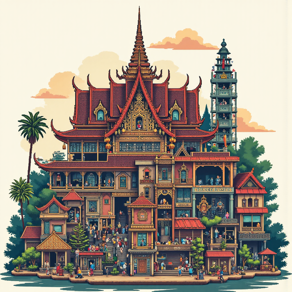 Whimsical illustration of a Thai temple blended with financial charts and currency symbols suggesting trading activity during local hours