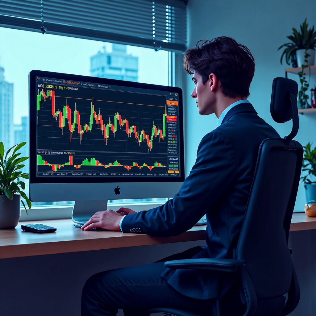 illustration of a trader looking at a complex financial chart overlayed with colorful indicator lines and symbols glowing softly in a calm blue and green color palette in a modern workspace